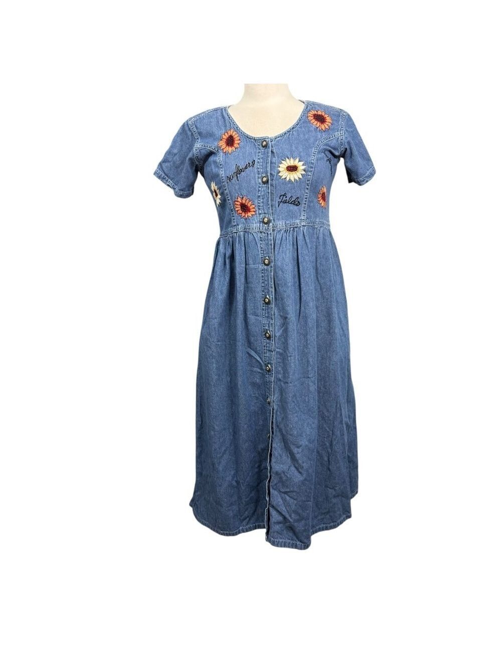 Vintage 90s Jane Ashley Petite‎ Denim Maxi Dress Sunflower Embroidery PM